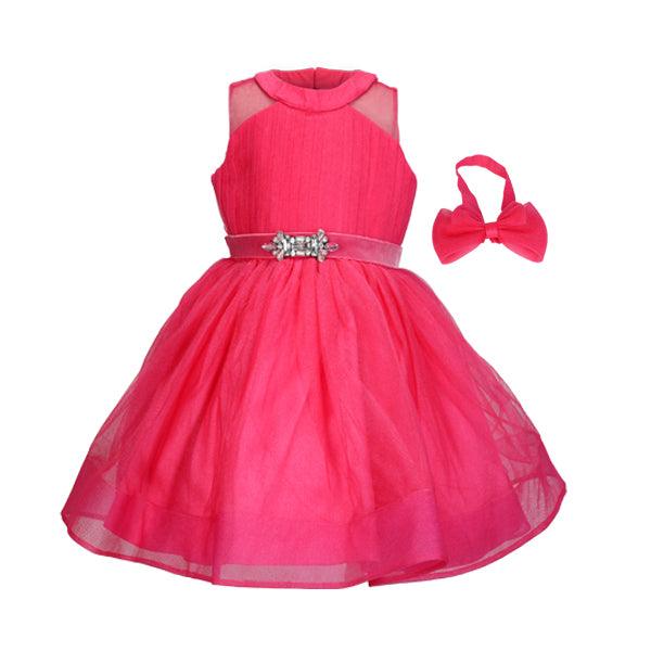 GIRLS PINK TULLE BALL SLEEVELESS DRESS WITH HAIRBOW