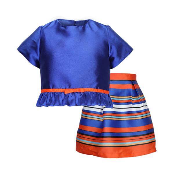 BLUE CROP TOP WITH BOTTOM RUFFLE AND INVERTED PLEAT SKIRT SET WITH HAIRBOW