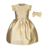 GOLD MIKADO DRESS WITH INVERTED PLEATS WITH HAIRBOW - ruffntumblekids