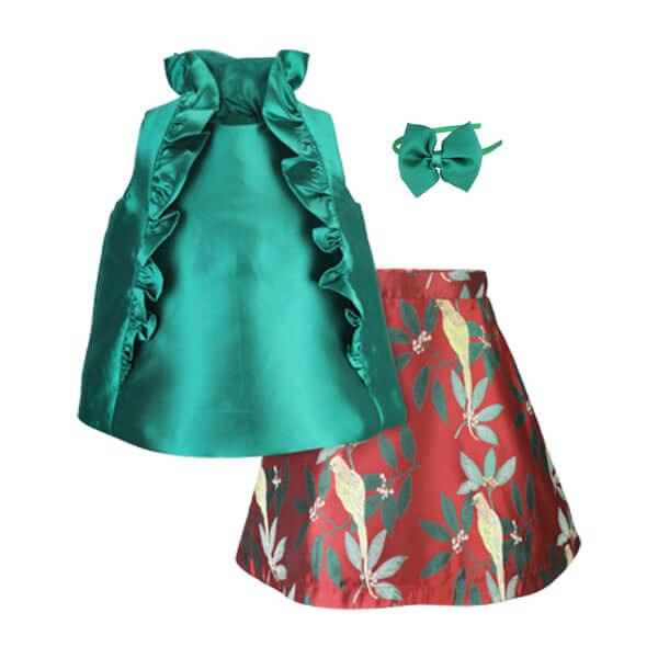 GREEN FRONT RUFFLE SLEEVELESS BLOUSE AND FLAY SKIRT SET WITH HAIRBOW