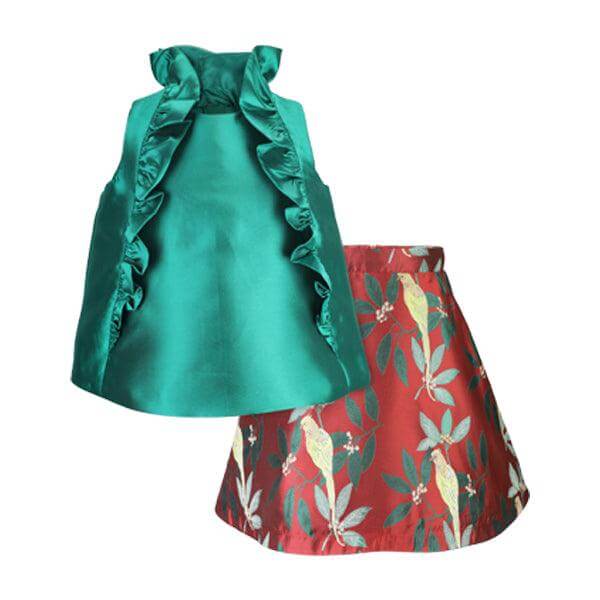 GREEN FRONT RUFFLE SLEEVELESS BLOUSE AND FLAY SKIRT SET WITH HAIRBOW