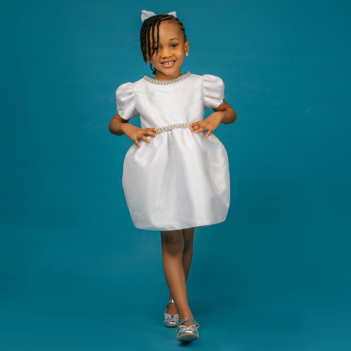 WHITE MIKADO SHINY TULLE BALL DRESS WITH BELT