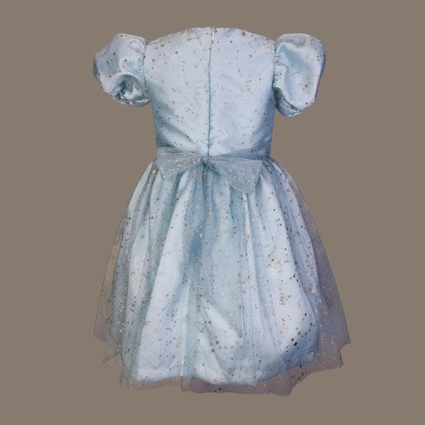 ICE BLUE PUFF SLEEVE TULLE BALL DRESS WITH GOLD HAIRBOW