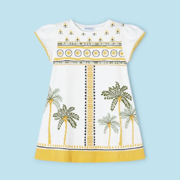 WHITE AND YELLOW A-LINE PRINT DRESS