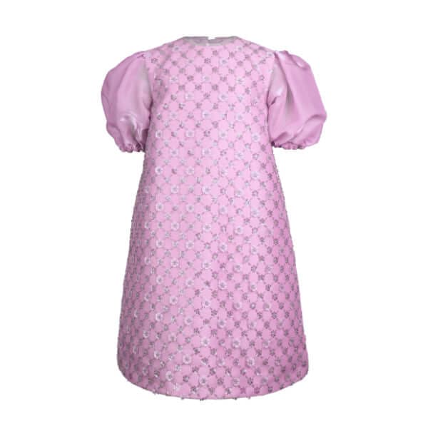LILAC PUFF SLEEVE BEADED A-LINE DRESS