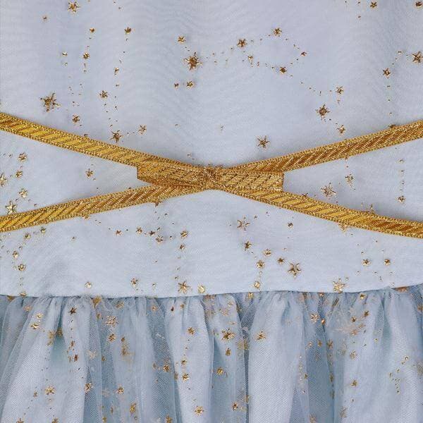 ICE BLUE PUFF SLEEVE TULLE BALL DRESS WITH GOLD HAIRBOW