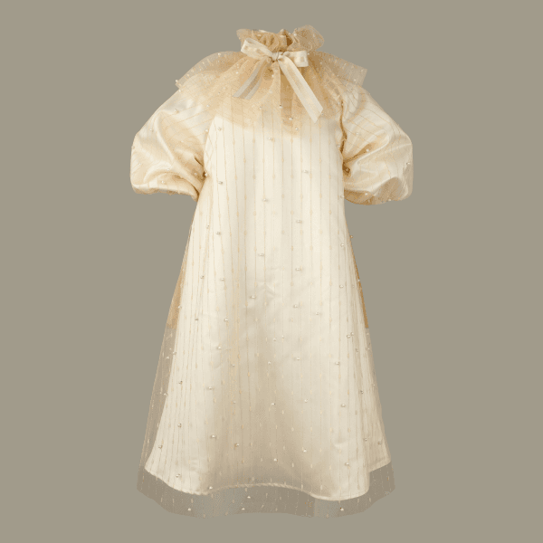 CREAM AND GOLD BEADED TULLE SWING DRESS WITH NECK RUFFLE