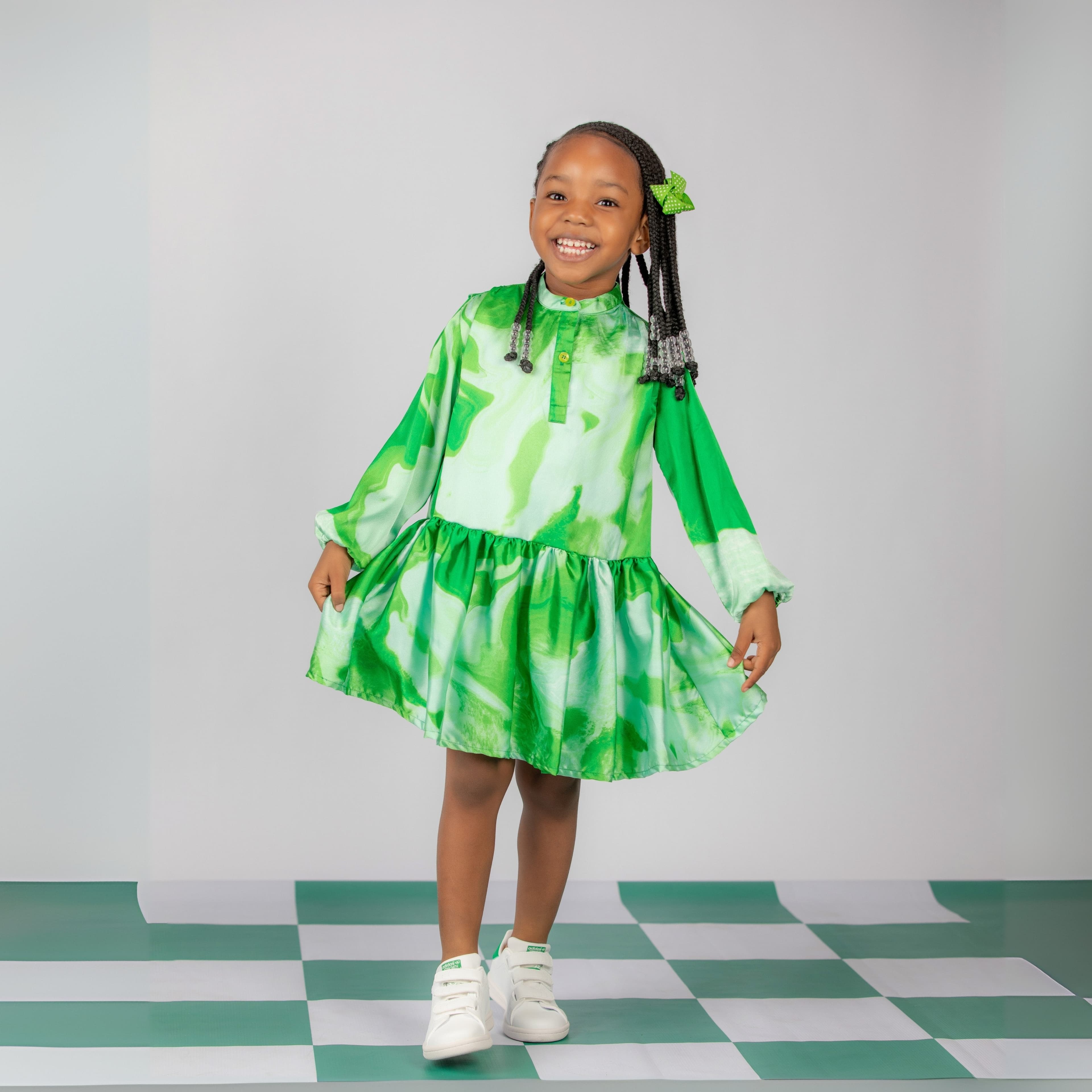GREEN SILK NEHRU COLLAR SWING DRESS