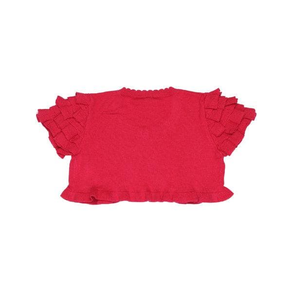 RED KNIT FLOUNCED CARDIGAN.