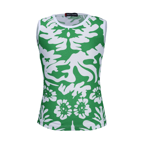 GREEN & WHITE SLEEVELESS RIBBED LYCRA BLOUSE