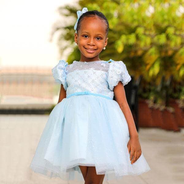 ICE BLUE MIKADO BALL DRESS WITH HAIR BOW