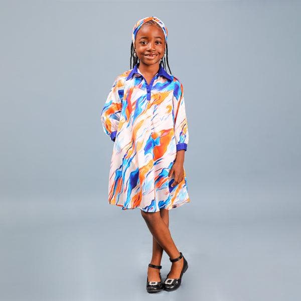 ORANGE AND BLUE SILK MAXI DRESS WITH SCARF