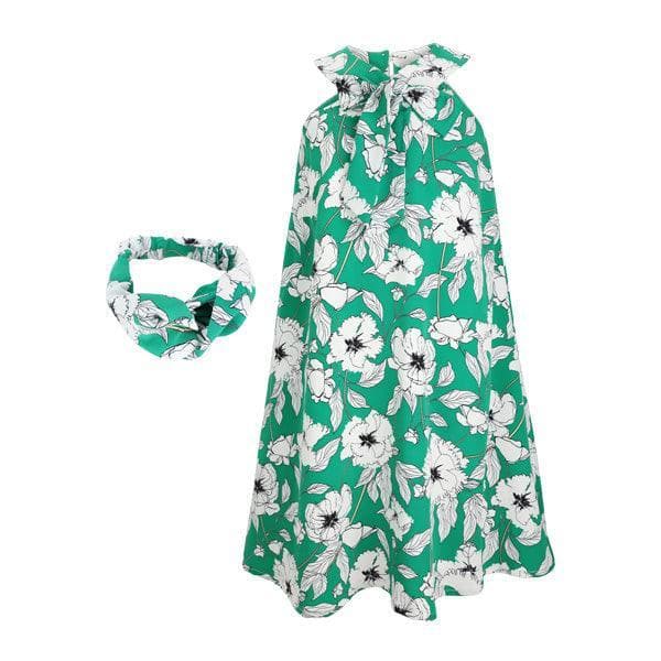 GREEN/WHITE FLORAL CHIFFON DRESS WITH HAIR BAND