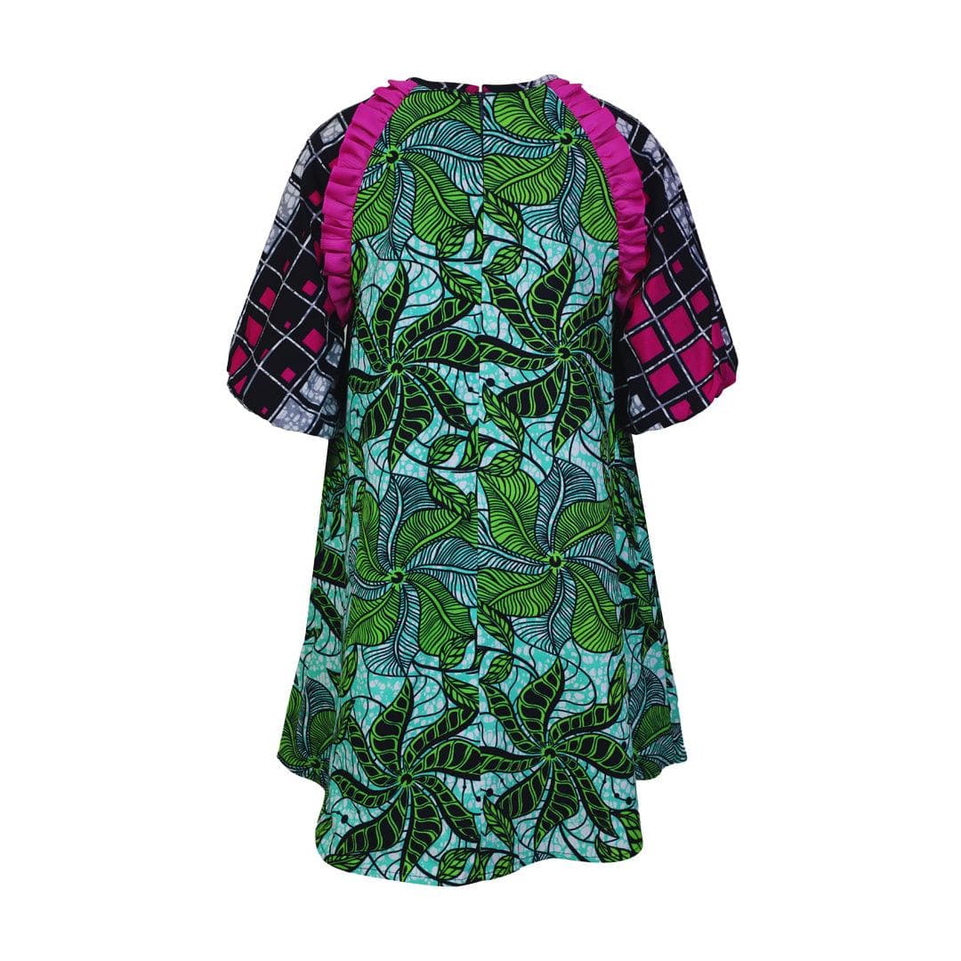 LEMON AND PURPLE ANKARA A-LINE DRESS WITH PURPLE TAPE RUFFLE AND HAIRBOW