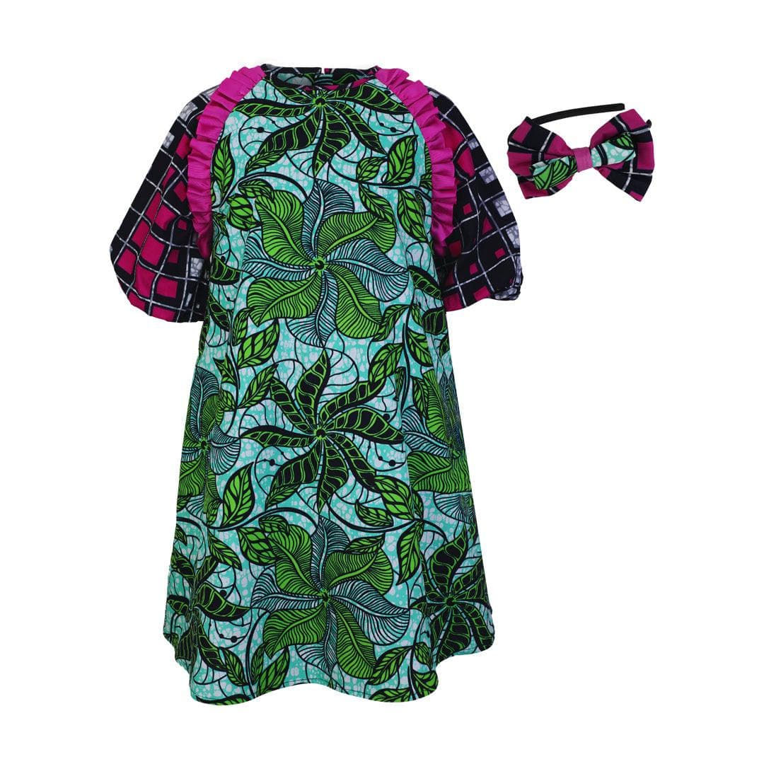 LEMON AND PURPLE ANKARA A-LINE DRESS WITH PURPLE TAPE RUFFLE AND HAIRBOW