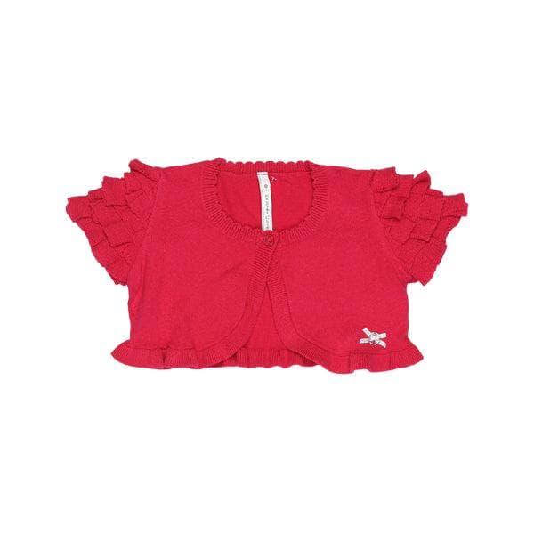 RED KNIT FLOUNCED CARDIGAN.