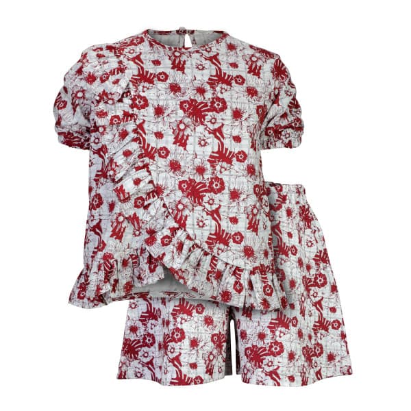 OFF WHITE & BURGUNDY BLOUSE AND SHORT SET