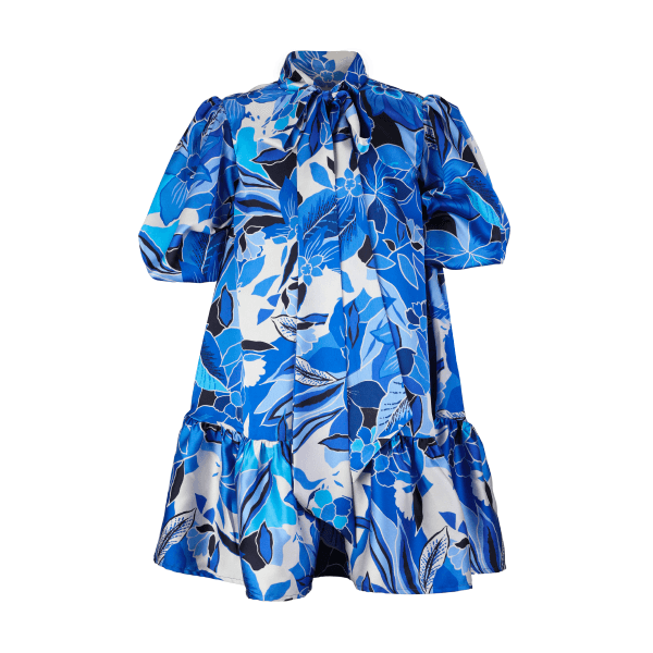 BLUE & WHITE L/S FLORAL CHIFFON SWING DRESS