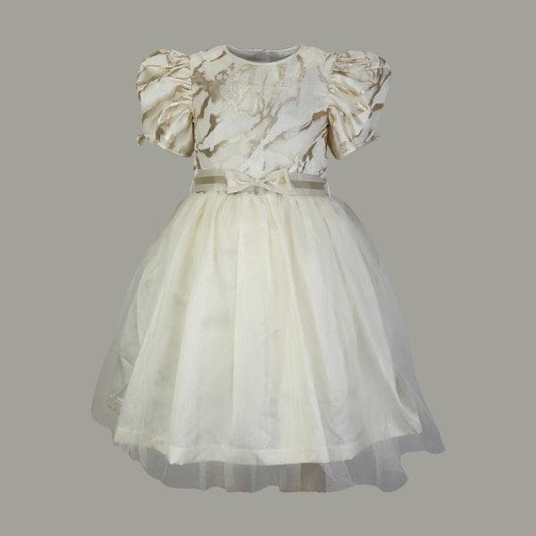 CHAMPAGNE GOLD MARBLE BALL DRESS WITH WHITE PEARL AND HAIRBOW