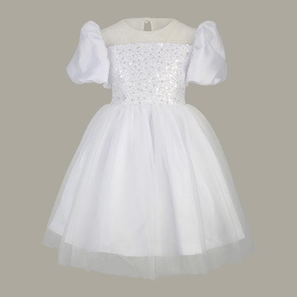 WHITE BEADED NET DRESS WITH HAIRBOW