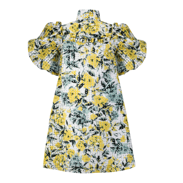 YELLOW GREEN & BLUE FLORAL ORGANZA A-LINE DRESS