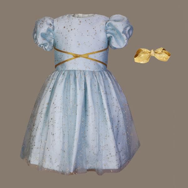 ICE BLUE PUFF SLEEVE TULLE BALL DRESS WITH GOLD HAIRBOW