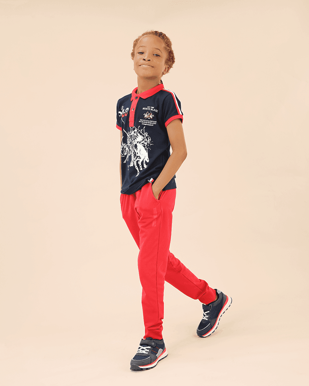 BOYS BLUE/RED SHORT SLEEVE POLO T-SHIRT + RED JOGGERS