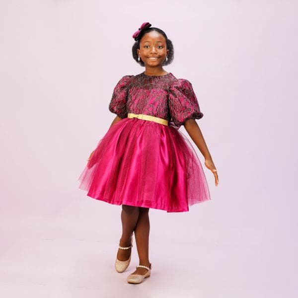 RASPBERRY PINK AND GOLD CHANTILLY BALL DRESS WITH HAIRBOW