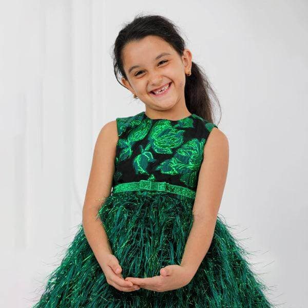 GREEN DAMASK BALL DRESS WITH HAIRBOW