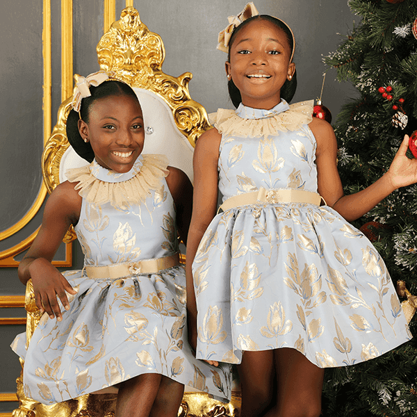 BLUE/GOLD DAMASK RUFFLED DRESS