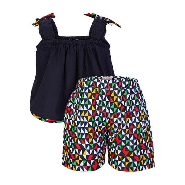 NAVY BLOUSE AND ANKARA ELASTICATED WAIST SHORT SET