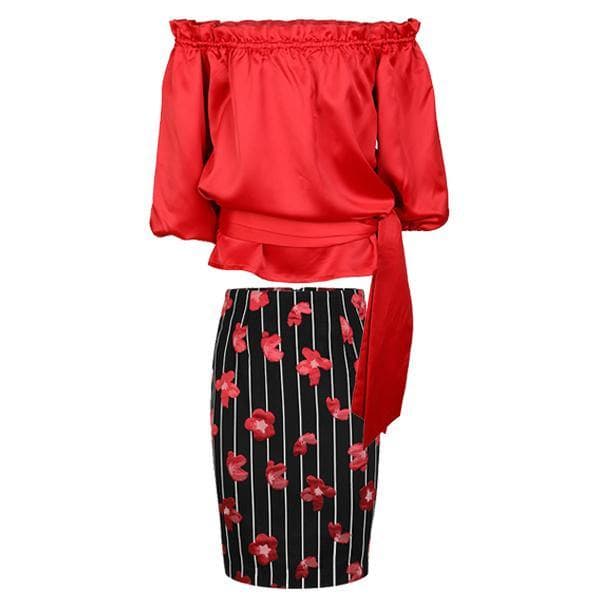 RED FLORAL DAMASK SKIRT SET