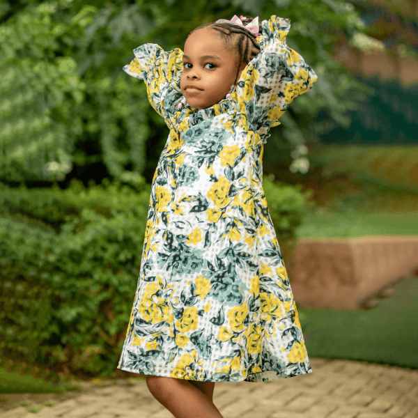 YELLOW GREEN & BLUE FLORAL ORGANZA A-LINE DRESS