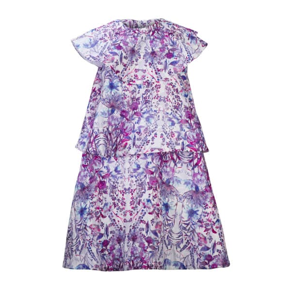 PURPLE & WHITE CAPE SLEEVE FLORAL SWING DRESS