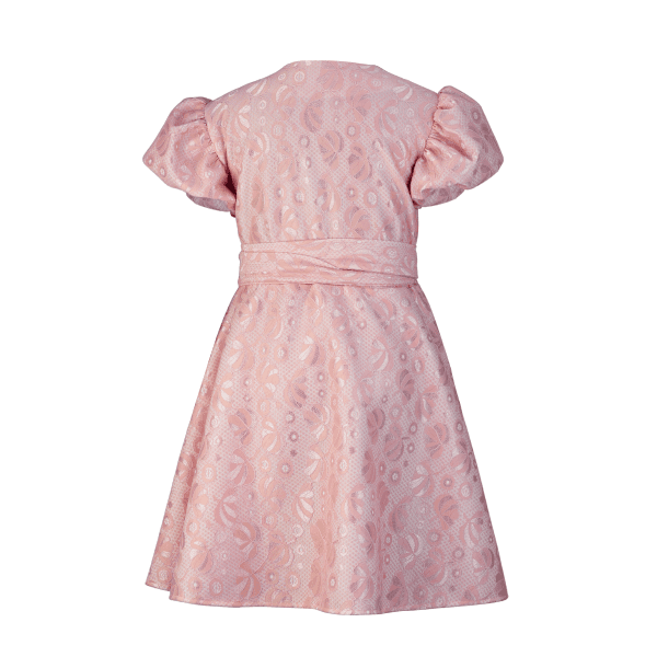 PEACH PUFF SLEEVE FLORAL FLARED WRAP DRESS
