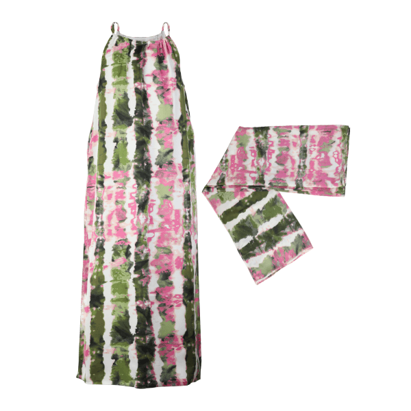 GREEN, OFFWHITE & PINK ABSTRACT CHIFFON A-LINE DRESS