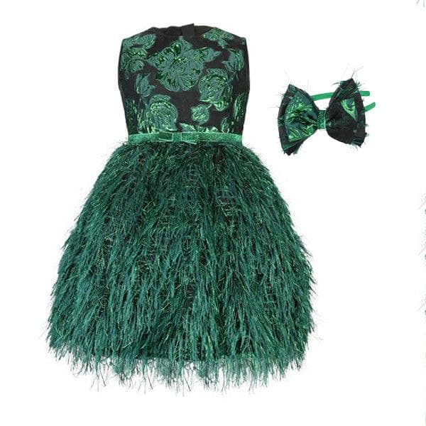 GREEN DAMASK BALL DRESS WITH HAIRBOW