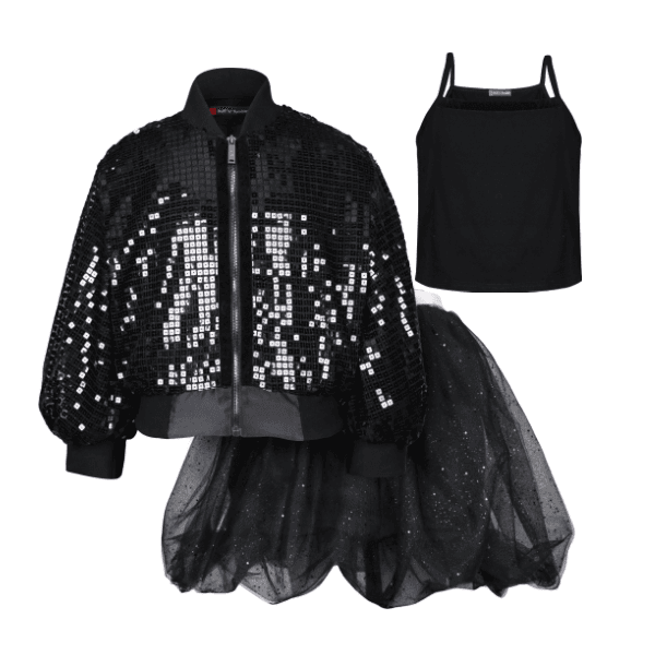 3PC SHINY TULLE & SEQUIN BOMBER JACKET SET