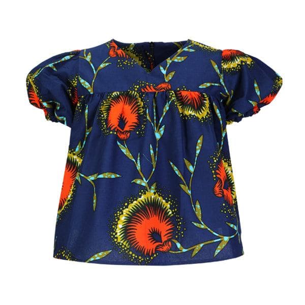 NAVY BLUE AND ORANGE V-NECK BLOUSE AND FLARE SHORT SET