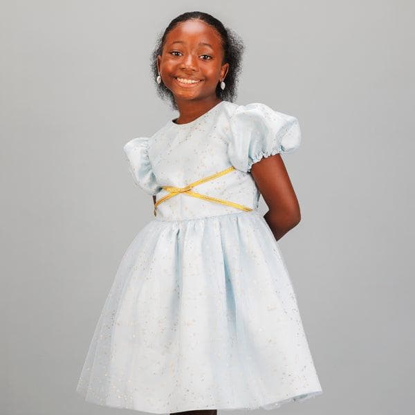 ICE BLUE PUFF SLEEVE TULLE BALL DRESS WITH GOLD HAIRBOW