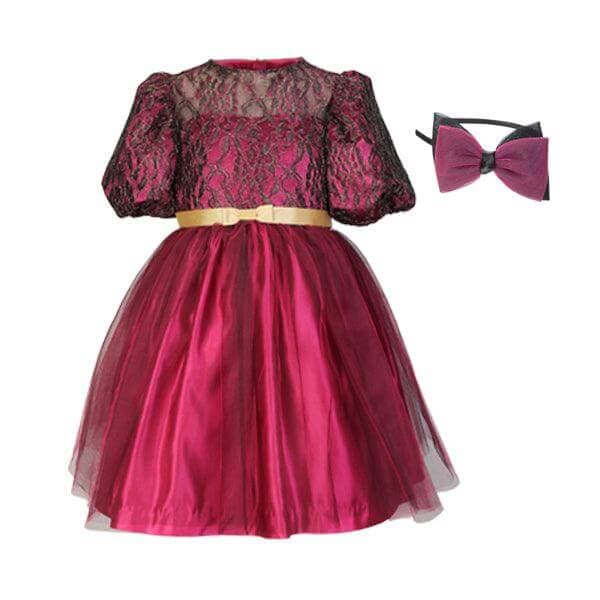 RASPBERRY PINK AND GOLD CHANTILLY BALL DRESS WITH HAIRBOW