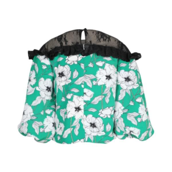 FLORAL PRINT PUFF SLEEVE BLOUSEWITH CHANTILY LACE AS YOKE AND RUFFLE