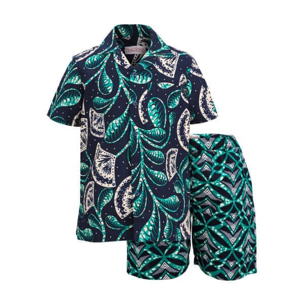 GREEN S/S CUBAN COLLAR ANKARA SHORT SET