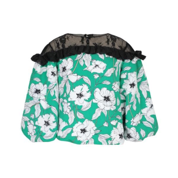 FLORAL PRINT PUFF SLEEVE BLOUSEWITH CHANTILY LACE AS YOKE AND RUFFLE