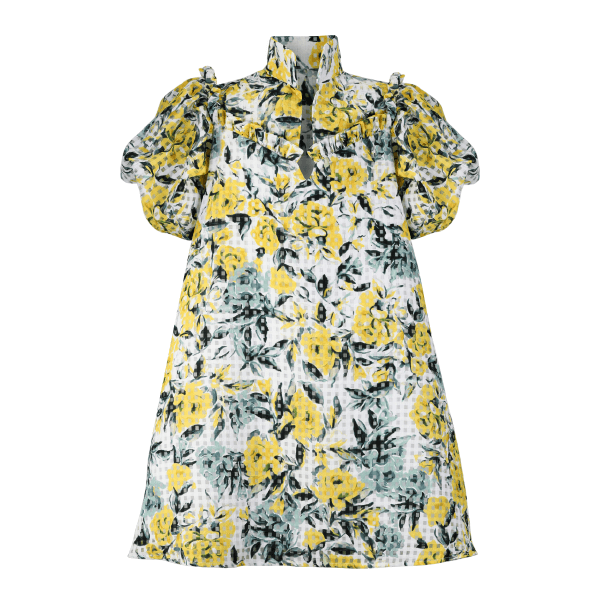 YELLOW GREEN & BLUE FLORAL ORGANZA A-LINE DRESS