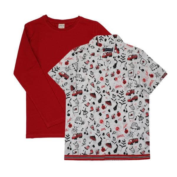 RED L/S & WHITE DOODLE S/S SHIRT SET Image