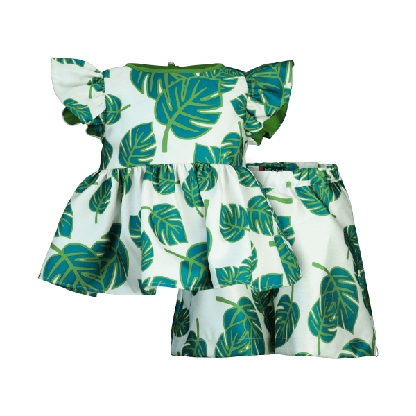GREEN & WHITE PUFF SLEEVE BLOUSE & SHORT SET