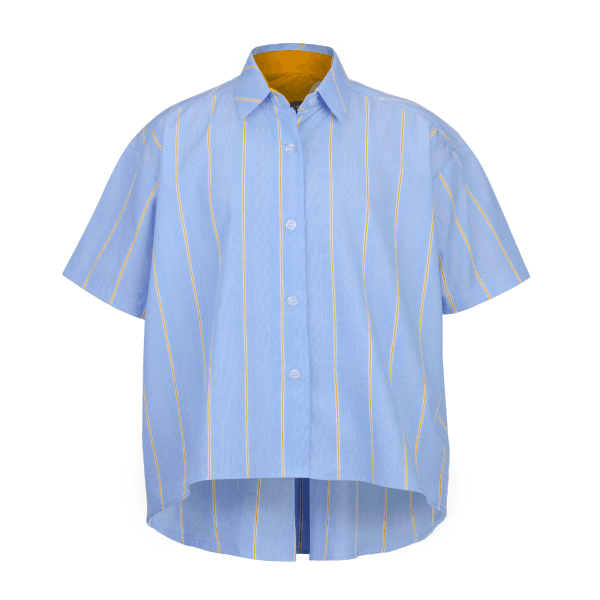 BLUE & CUSTARD YELLOW STRIPE POKER S/S BLOUSE & SHORT SET