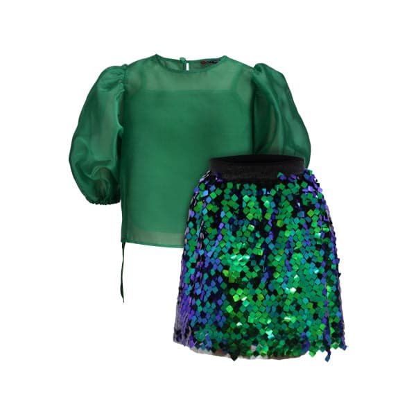 GREEN BLOUSE AND SEQUIN SKIRT SET  (3PC SET)