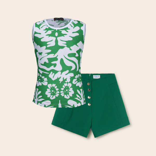 GREEN & WHITE SLEEVELESS BLOUSE & SHORT SET Image
